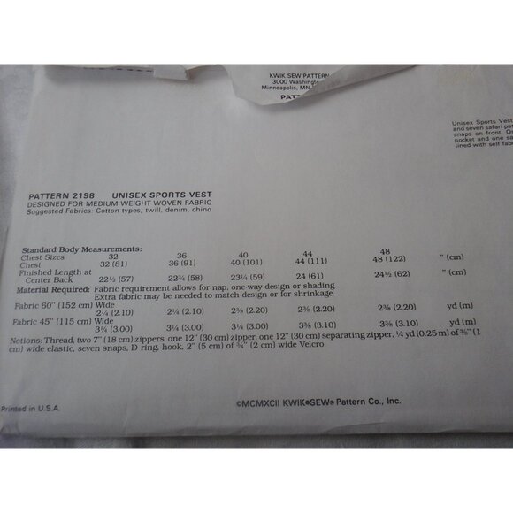 Kwik Sew pattern 2198 unisex cargo sports vest pockets 32 to 48 inch chest UNCUT - Picture 3 of 7